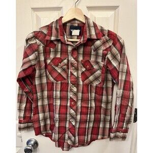 Wrangler Boys L Shirt Pearl Snap Red Brown Plaid‎ Western Cowboy Stitched Pocket